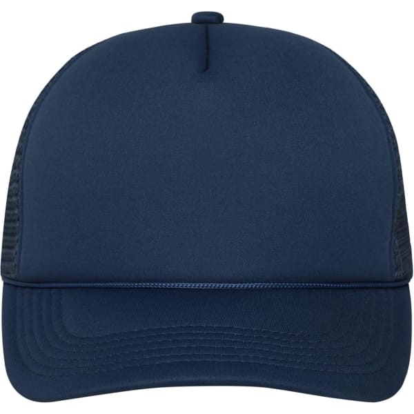 A navy blue 5-panel retro mesh trucker cap with a solid front and mesh sides, featuring a logo on the front.