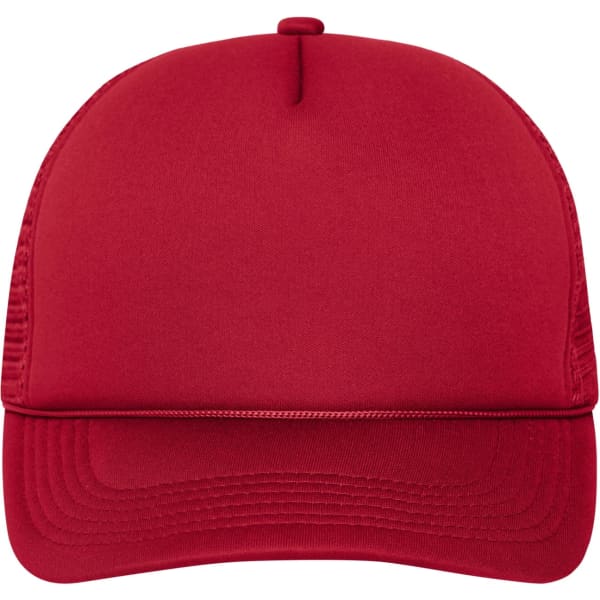 A red 5-panel retro mesh trucker cap with a solid front and mesh sides. It features a curved brim and has a logo.