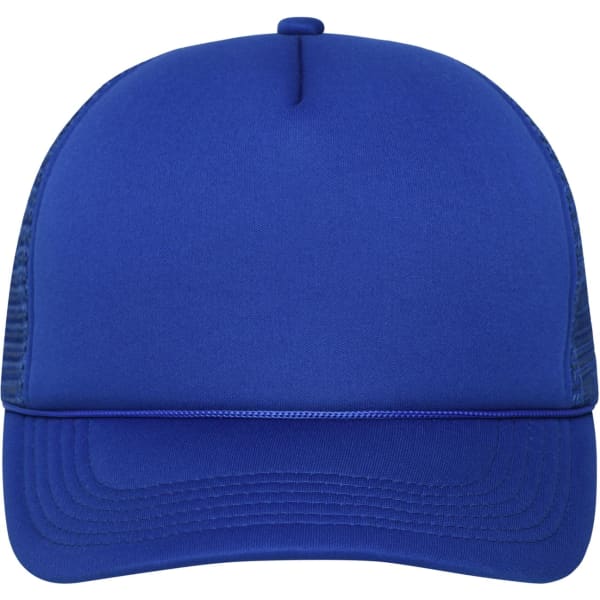 A blue 5 panel retro mesh trucker cap with a flat brim and a mesh back. It features a logo on the front.
