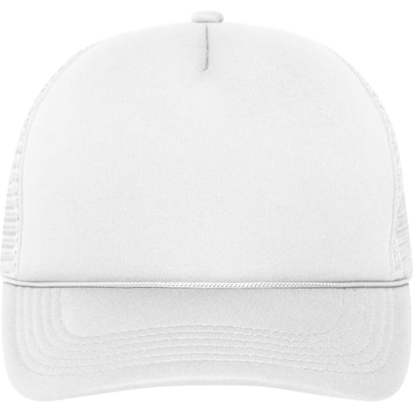A white 5 panel retro mesh trucker cap with a solid front and mesh sides. It features a logo on the front.
