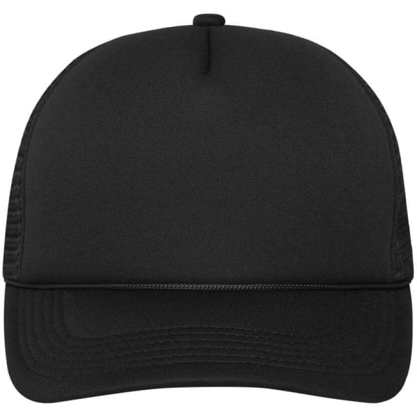 A black 5 Panel Retro Mesh Trucker cap with a curved peak and a mesh back, featuring a logo.