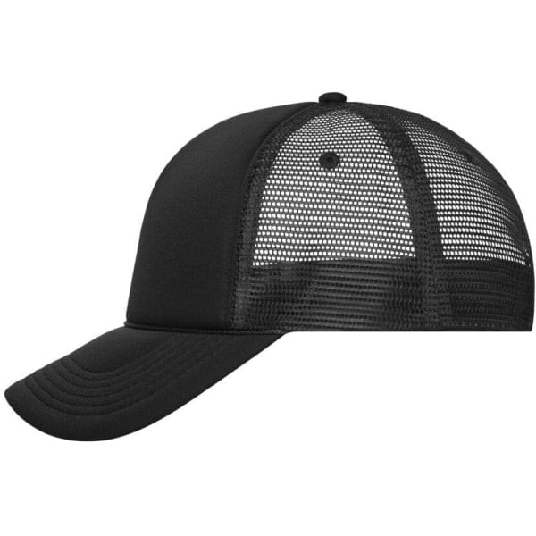 A black 5-panel retro mesh trucker cap featuring a solid front and mesh back for ventilation.