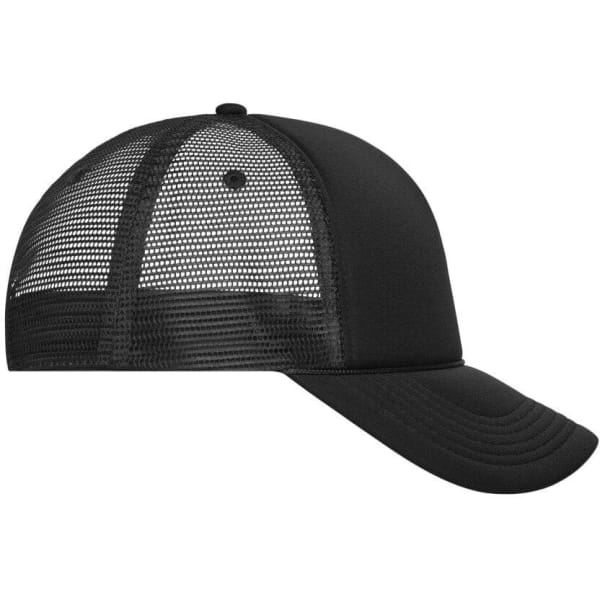 A black 5 Panel Retro Mesh Trucker hat featuring a solid front and mesh back, with a logo on the front.