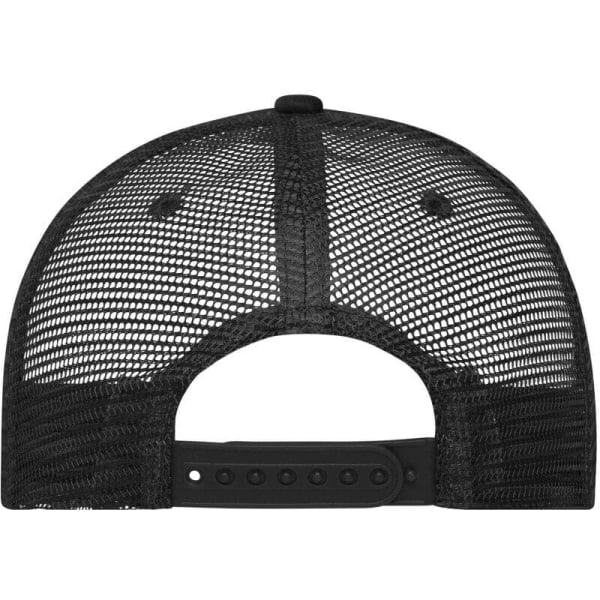 A black 5 panel retro mesh trucker cap featuring a mesh back and adjustable snap closure.
