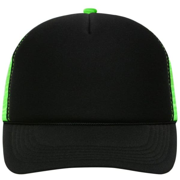 A black trucker cap with bright green mesh panels, featuring a structured front and a curved brim.