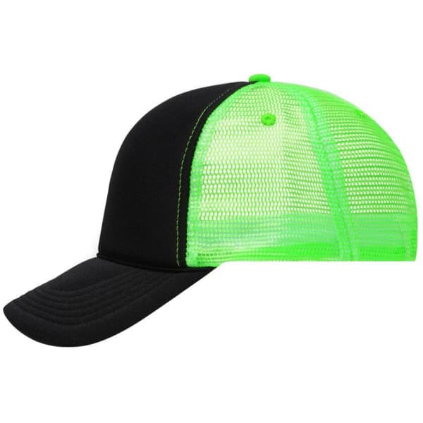 A black and neon green 5 Panel Retro Mesh Trucker hat with a mesh back and a logo.