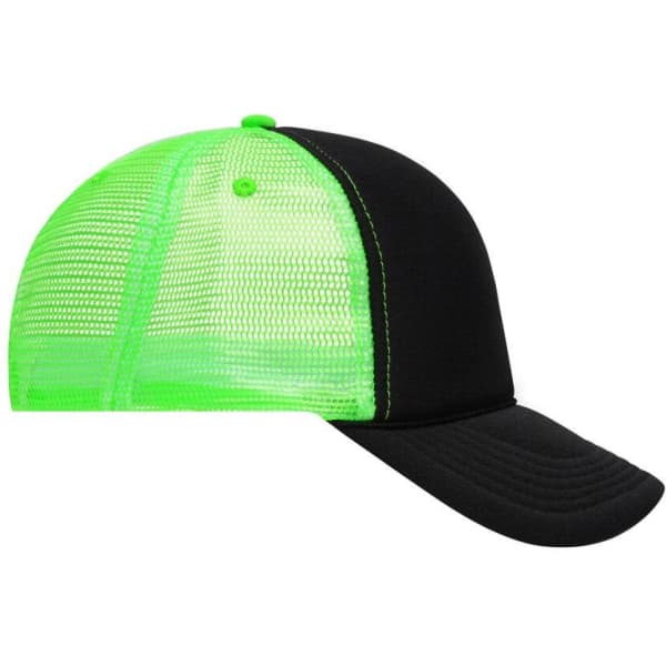 A black and neon green 5 Panel Retro Mesh Trucker cap with a mesh back and a curved brim.