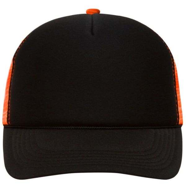 A black trucker cap with orange mesh panels and a solid front. Includes a logo on the front.