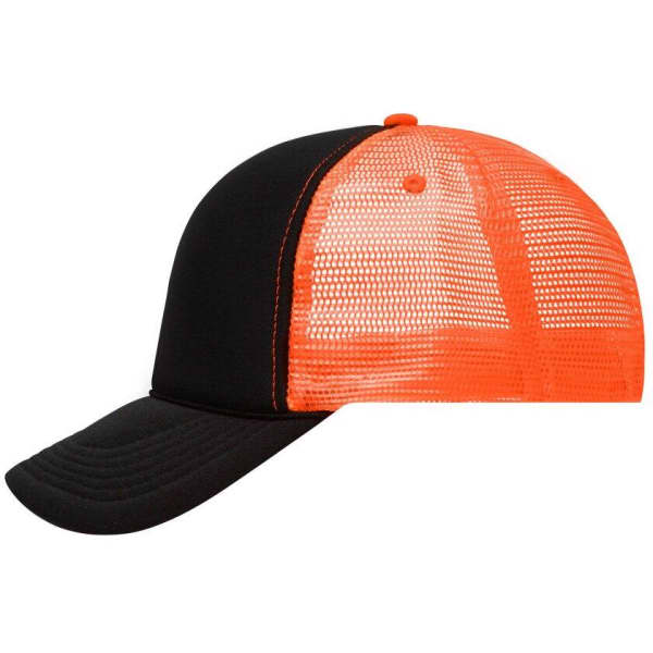 A black and orange 5 Panel Retro Mesh Trucker cap with a mesh back and solid front panel.