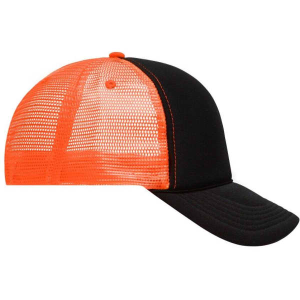 A 5 panel retro mesh trucker cap featuring a black front and bright orange mesh back. It has a curved brim and logo.