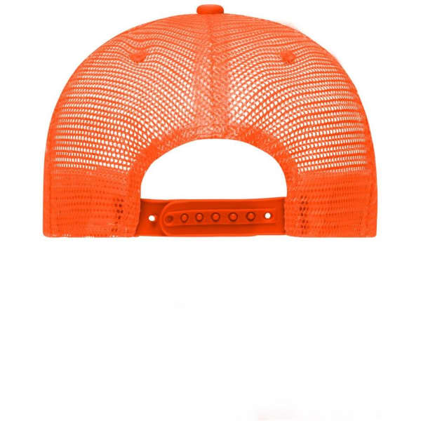 A bright orange 5 panel retro mesh trucker cap featuring a plastic snapback closure and a logo on the back.