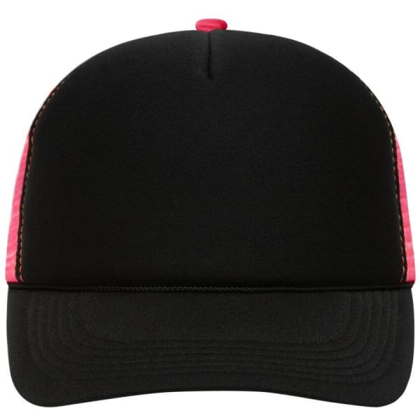 A black trucker cap featuring pink mesh panels on the sides and a curved brim. It includes a logo on the front.