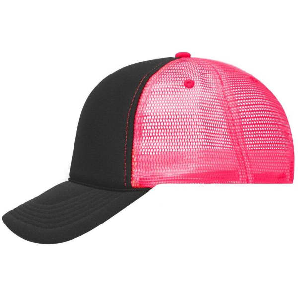 A black and pink 5 Panel Retro Mesh Trucker cap featuring a mesh back and a curved brim.