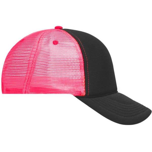 A black and pink 5 Panel Retro Mesh Trucker cap featuring a mesh back and curved peak, with a logo on the front.
