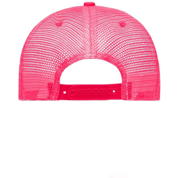 A vibrant pink retro mesh trucker cap featuring a snapback adjustment and a logo on the side.