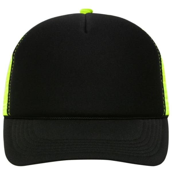 A black trucker cap with a neon green mesh back and detailing, featuring a logo on the front.