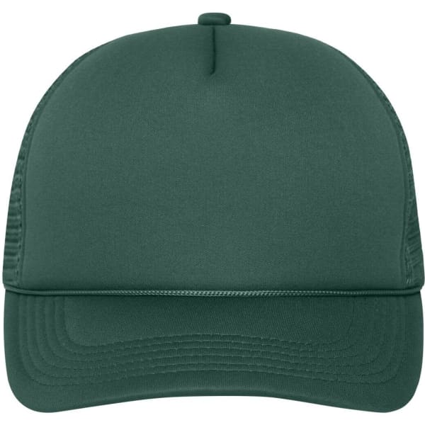 A green 5 Panel Retro Mesh Trucker cap featuring a solid front and mesh sides, complete with a logo.