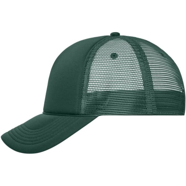 A green 5 Panel Retro Mesh Trucker cap featuring a mesh back and curved brim. It has a logo on the front.