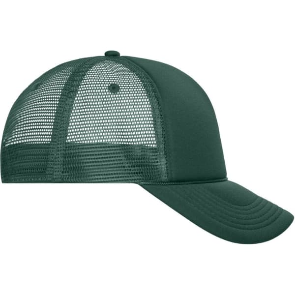 A green 5 Panel Retro Mesh Trucker cap featuring a solid front and mesh back. Includes a logo on the front.