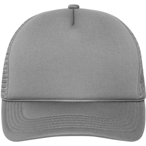 A grey 5 Panel Retro Mesh Trucker cap with a curved brim and a mesh back, featuring a logo.