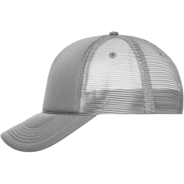A grey 5 Panel Retro Mesh Trucker cap featuring a mesh back and curved brim, with a logo on the front.