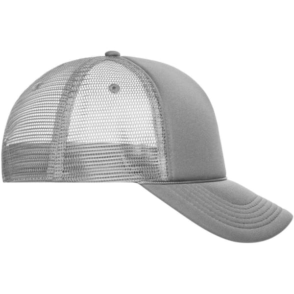 A grey 5 Panel Retro Mesh Trucker cap with a mesh back and a solid front panel, featuring a logo.