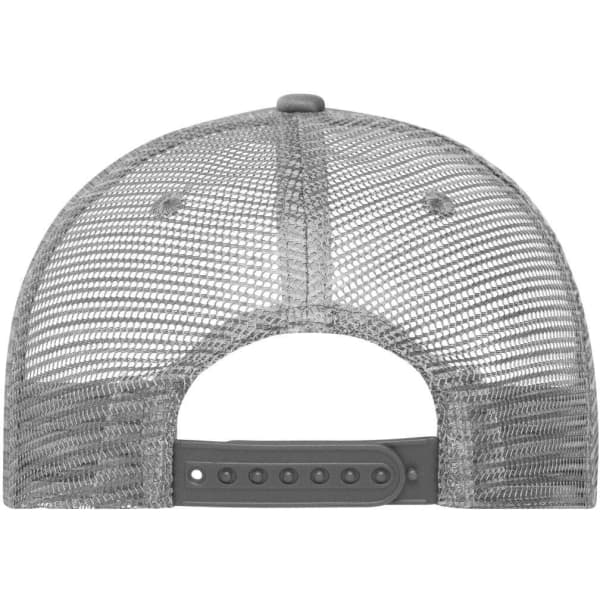 A grey 5 Panel Retro Mesh Trucker cap featuring a mesh back and adjustable strap. It has a branding logo on the side.