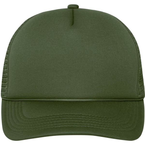 A 5 Panel Retro Mesh Trucker cap in olive green with a mesh back and curved brim. Features a logo on the front.
