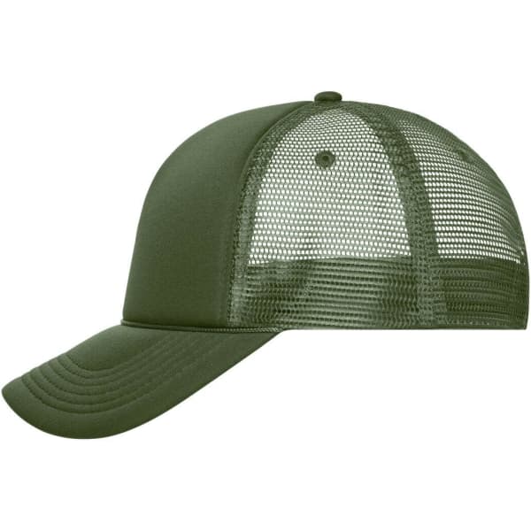 A green 5 Panel Retro Mesh Trucker hat with a solid front and mesh back. The hat also features a logo.