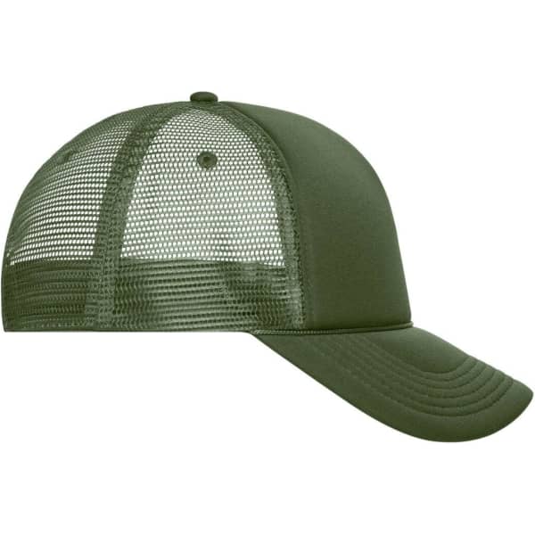 A retro-style 5-panel trucker cap in olive green with a mesh back and a solid front panel.