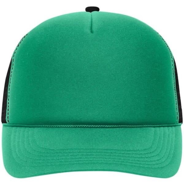A green and black 5-panel retro mesh trucker cap featuring a solid front panel and mesh sides.