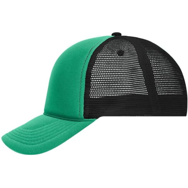 A green 5 panel trucker cap with a black mesh back and a structured front panel. It features a logo on the front.