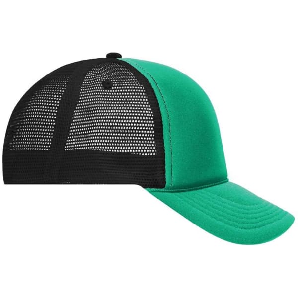 A green and black 5 Panel Retro Mesh Trucker cap with a mesh back and a curved brim.