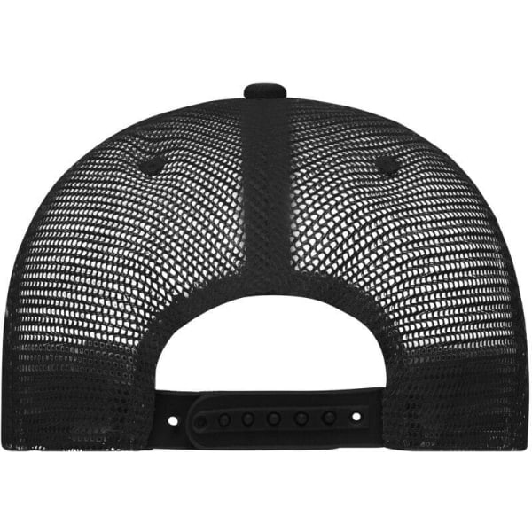 A black mesh trucker cap featuring a five-panel design and an adjustable strap at the back.