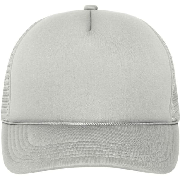 A grey 5 Panel Retro Mesh Trucker hat with a smooth front and mesh side panels. Features a silver accent on the brim.