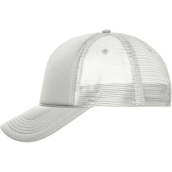 A grey 5 Panel Retro Mesh Trucker cap with a mesh back and a curved brim, featuring a logo on the front.