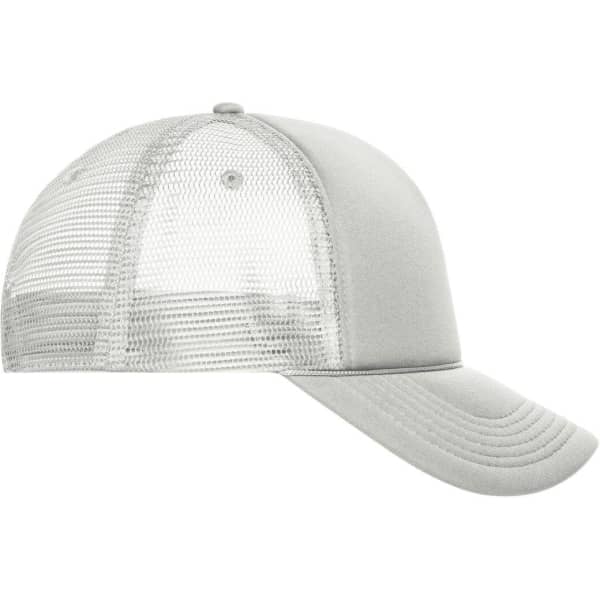 A grey 5 Panel Retro Mesh Trucker cap featuring a mesh back and a solid front panel. It includes a logo.
