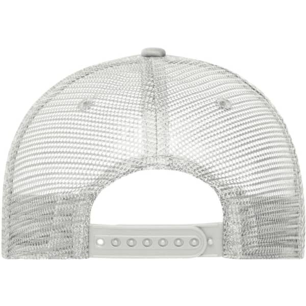 A grey, 5 panel retro mesh trucker cap with a plastic adjustable strap at the back and a logo on the side.