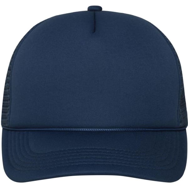A dark navy blue 5 Panel Retro Mesh Trucker cap with a smooth front and mesh side panels. It features a branding logo.