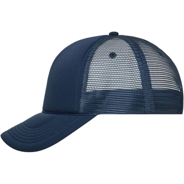 A navy blue 5 panel retro mesh trucker cap with a solid front and mesh back, featuring a logo.