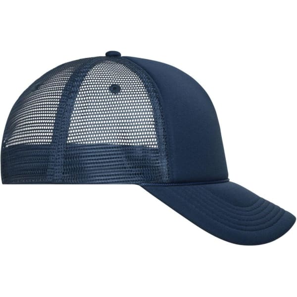 A navy blue 5 Panel Retro Mesh Trucker cap with a mesh back and curved brim. Features a logo.