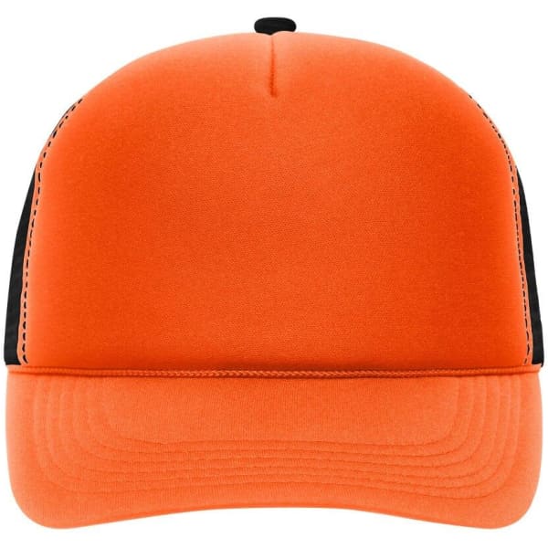 An orange 5 Panel Retro Mesh Trucker cap with a black mesh back and a curved peak. It features a logo.