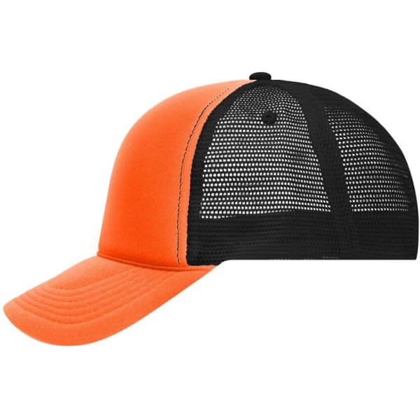 An orange and black 5 Panel Retro Mesh Trucker cap with a mesh back and curved brim.