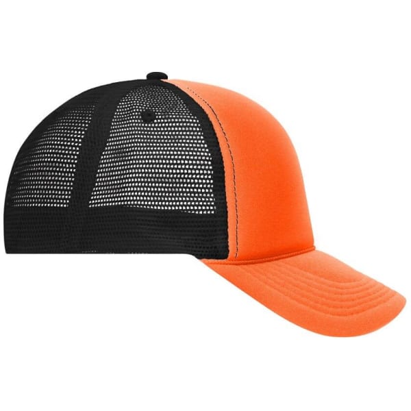 A 5 Panel Retro Mesh Trucker cap in bright orange with a black mesh back and a curved brim.