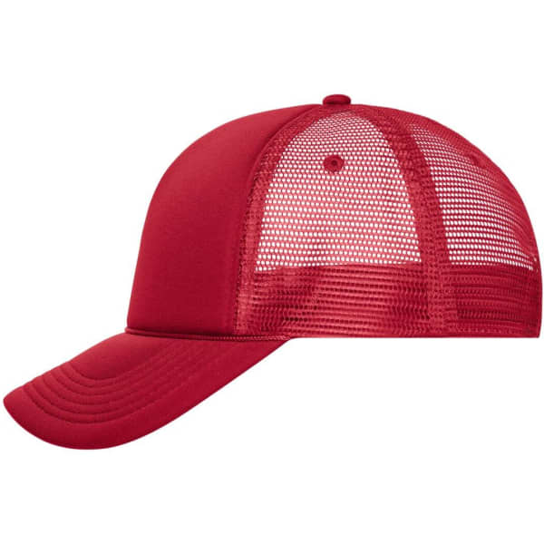 A red 5 panel retro mesh trucker cap featuring a solid front and mesh back for breathability.
