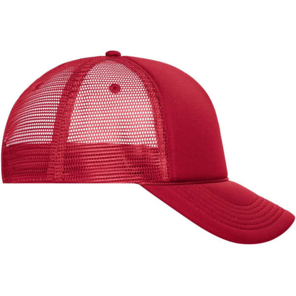 A red 5 panel retro mesh trucker cap with a solid front and mesh back for breathability.