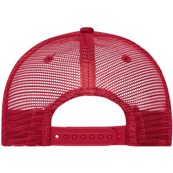 A red 5 Panel Retro Mesh Trucker cap featuring a mesh back and an adjustable snap closure.