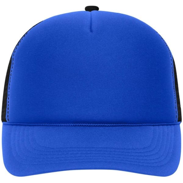 A blue trucker cap with a black mesh back and a structured front panel. It features a rounded peak and stitching details.