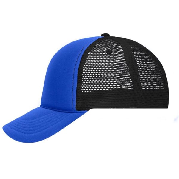 A blue cap with a black mesh back and a curved visor, featuring a logo on the front.
