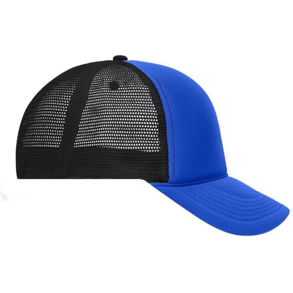 A blue 5 Panel Retro Mesh Trucker cap with a black mesh back and a curved peak. It features a logo.